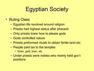 Egyptian Society Ruling Class Egyptian life revolved around religion Priests had highest status after pharaoh Only priests knew how to please gods Gods controlled nature Priests preformed rituals to obtain fertile land etc People paid tax to the temples Grain, gold, linen, etc Under priests were nobles who mainly held gov’t positions 