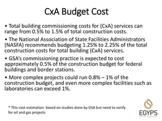CxA Budget Cost
• Total building commissioning costs for (CxA) services can
range from 0.5% to 1.5% of total construction costs.
• The National Association of State Facilities Administrators
(NASFA) recommends budgeting 1.25% to 2.25% of the total
construction costs for total building (CxA) services.
• GSA’s commissioning practice is expected to cost
approximately 0.5% of the construction budget for federal
buildings and border stations.
• More complex projects could run 0.8% – 1% of the
construction budget, and even more complex facilities such as
laboratories can exceed 1%.
* This cost estimation based on studies done by GSA but need to verify
for oil and gas projects
 