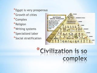 Civilization is so complexEgypt is very prosperousGrowth of citiesComplexReligionWriting systemsSpecialized laborSocial stratification