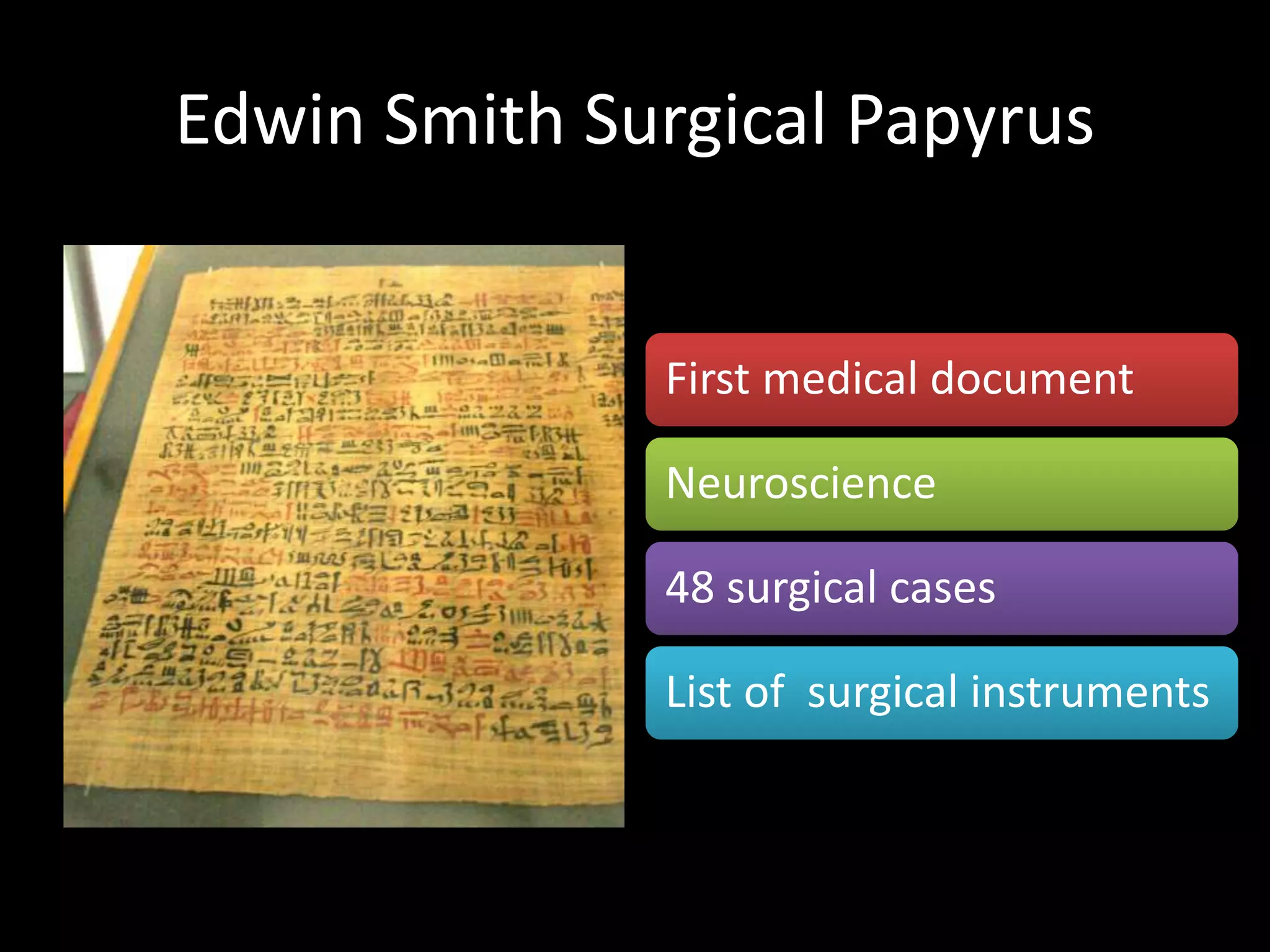 Edwin Smith Surgical Papyrus
First medical document
Neuroscience
48 surgical cases
List of surgical instruments