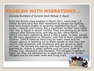 PROBLEM WITH MIGRATIONS…
 Growing Numbers of Syrians Seek Refuge in Egypt
Since the Syrian crisis erupted in March 2011, more than 1.6
million Syrians have fled their homeland to escape the fighting.
Most have sought shelter in countries neighbouring Syria - Iraq,
Jordan, Lebanon and Turkey. But a significant number have made
their way to Egypt in recent months. They are coming by air from
Lebanon after leaving Syria, and also by sea. Since March,
UNHCR has been registering about 2,000 a week. To date, almost
80,000 have registered as refugees, with half of them women and
children. UNHCR believes there may be many more and the
refugee agency is reaching out to these people so that they can
receive vital protection and assistance and get access to basic
services. The Syrians are staying with host families or renting
apartments, mainly in urban centres such as Cairo, Sixth of
October City, Alexandria and Damietta. The refugees heading to
Egypt say they are attracted by its open door policy for Syrian
refugees and by the lower rents and living costs.
 