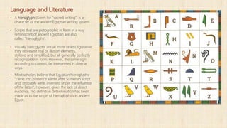 Language and Literature
▪ A hieroglyph (Greek for "sacred writing") is a
character of the ancient Egyptian writing system.
▪ Scripts that are pictographic in form in a way
reminiscent of ancient Egyptian are also
called "hieroglyphs".
▪ Visually hieroglyphs are all more or less figurative:
they represent real or illusion elements,
stylized and simplified, but all generally perfectly
recognizable in form. However, the same sign
according to context, be interpreted in diverse
ways.
▪ Most scholars believe that Egyptian hieroglyphs
"came into existence a little after Sumerian script,
and, probably were, invented under the influence
of the latter", However, given the lack of direct
evidence, "no definitive determination has been
made as to the origin of hieroglyphics in ancient
Egypt.
 