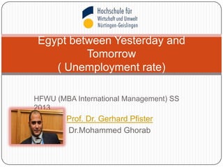 HFWU (MBA International Management) SS
2013
Prof. Dr. Gerhard Pfister
Dr.Mohammed Ghorab
Egypt between Yesterday and
Tomorrow
( Unemployment rate)
 