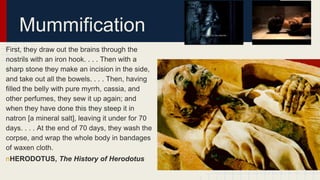 Mummification
First, they draw out the brains through the
nostrils with an iron hook. . . . Then with a
sharp stone they make an incision in the side,
and take out all the bowels. . . . Then, having
filled the belly with pure myrrh, cassia, and
other perfumes, they sew it up again; and
when they have done this they steep it in
natron [a mineral salt], leaving it under for 70
days. . . . At the end of 70 days, they wash the
corpse, and wrap the whole body in bandages
of waxen cloth.
nHERODOTUS, The History of Herodotus
 