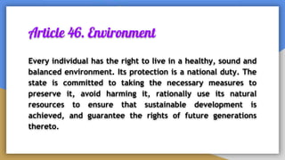 Article 46. Environment
Every individual has the right to live in a healthy, sound and
balanced environment. Its protection is a national duty. The
state is committed to taking the necessary measures to
preserve it, avoid harming it, rationally use its natural
resources to ensure that sustainable development is
achieved, and guarantee the rights of future generations
thereto.
 