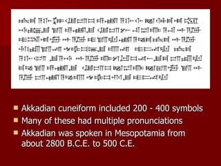 Akkadian cuneiform included 200 - 400 symbols Many of these had multiple pronunciations Akkadian was spoken in Mesopotamia from about 2800 B.C.E. to 500 C.E.  