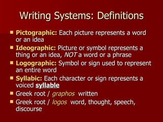Writing Systems: Definitions Pictographic:  Each picture represents a word or an idea Ideographic:  Picture or symbol represents a thing or an idea,  NOT  a word or a phrase  Logographic:  Symbol or sign used to represent an entire word   Syllabic:  Each character or sign represents a voiced  syllable   Greek root /  graphos   written  Greek root /  logos   word, thought, speech, discourse 