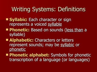 Writing Systems: Definitions Syllabic:  Each character or sign represents a voiced  syllable   Phonetic:  Based on sounds ( less than  a syllable)  Alphabetic:  Characters or letters represent sounds; may be  syllabic  or  phonetic Phonetic alphabet:  Symbols for phonetic transcription of a language (or languages)  