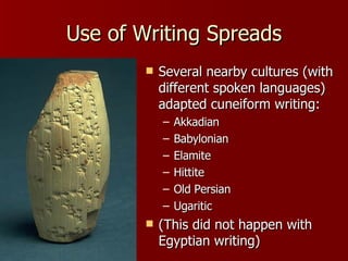 Use of Writing Spreads Several nearby cultures (with different spoken languages) adapted cuneiform writing: Akkadian  Babylonian Elamite Hittite  Old Persian Ugaritic  (This did not happen with Egyptian writing) 