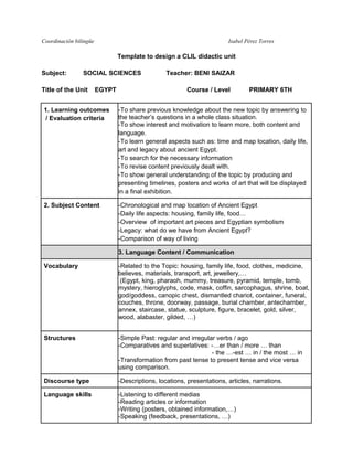 Coordinación bilingüe

Isabel Pérez Torres

Template to design a CLIL didactic unit
Subject:

SOCIAL SCIENCES

Title of the Unit

EGYPT

Teacher: BENI SAIZAR
Course / Level

PRIMARY 6TH

1. Learning outcomes
/ Evaluation criteria

-To share previous knowledge about the new topic by answering to
the teacher’s questions in a whole class situation.
-To show interest and motivation to learn more, both content and
language.
-To learn general aspects such as: time and map location, daily life,
art and legacy about ancient Egypt.
-To search for the necessary information
-To revise content previously dealt with.
-To show general understanding of the topic by producing and
presenting timelines, posters and works of art that will be displayed
in a final exhibition.

2. Subject Content

-Chronological and map location of Ancient Egypt
-Daily life aspects: housing, family life, food…
-Overview of important art pieces and Egyptian symbolism
-Legacy: what do we have from Ancient Egypt?
-Comparison of way of living
3. Language Content / Communication

Vocabulary

-Related to the Topic: housing, family life, food, clothes, medicine,
believes, materials, transport, art, jewellery,…
(Egypt, king, pharaoh, mummy, treasure, pyramid, temple, tomb,
mystery, hieroglyphs, code, mask, coffin, sarcophagus, shrine, boat,
god/goddess, canopic chest, dismantled chariot, container, funeral,
couches, throne, doorway, passage, burial chamber, antechamber,
annex, staircase, statue, sculpture, figure, bracelet, gold, silver,
wood, alabaster, gilded, …)

Structures

-Simple Past: regular and irregular verbs / ago
-Comparatives and superlatives: -…er than / more … than
- the …-est … in / the most … in
-Transformation from past tense to present tense and vice versa
using comparison.

Discourse type

-Descriptions, locations, presentations, articles, narrations.

Language skills

-Listening to different medias
-Reading articles or information
-Writing (posters, obtained information,…)
-Speaking (feedback, presentations, …)

 