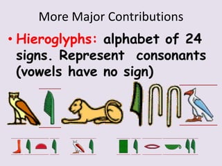 More Major Contributions
• Hieroglyphs: alphabet of 24
signs. Represent consonants
(vowels have no sign)
 