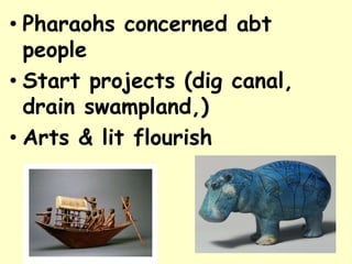 • Pharaohs concerned abt
people
• Start projects (dig canal,
drain swampland,)
• Arts & lit flourish
 