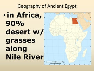 Geography of Ancient Egypt
• in Africa,
90%
desert w/
grasses
along
Nile River.
 