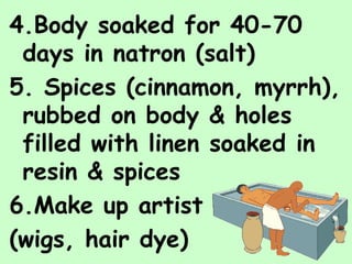 4.Body soaked for 40-70
days in natron (salt)
5. Spices (cinnamon, myrrh),
rubbed on body & holes
filled with linen soaked in
resin & spices
6.Make up artist
(wigs, hair dye)
 