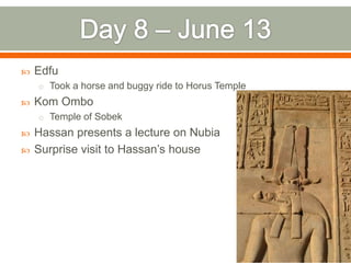   Edfu
    o Took a horse and buggy ride to Horus Temple
   Kom Ombo
    o Temple of Sobek
   Hassan presents a lecture on Nubia
   Surprise visit to Hassan’s house
 