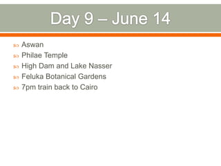    Aswan
   Philae Temple
   High Dam and Lake Nasser
   Feluka Botanical Gardens
   7pm train back to Cairo
 