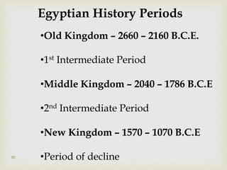 10
•Old Kingdom – 2660 – 2160 B.C.E.
•1st Intermediate Period
•Middle Kingdom – 2040 – 1786 B.C.E
•2nd Intermediate Period
•New Kingdom – 1570 – 1070 B.C.E
•Period of decline
Egyptian History Periods
 