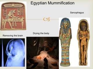 
Sarcophagus
Drying the body
Egyptian Mummification
Removing the brain
 