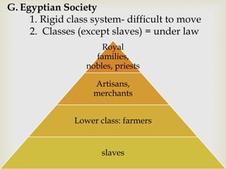 G. Egyptian Society
1. Rigid class system- difficult to move
2. Classes (except slaves) = under law
Royal
families,
nobles, priests
Artisans,
merchants
Lower class: farmers
slaves
 