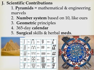 J. Scientific Contributions
1. Pyramids = mathematical & engineering
marvels
2. Number system based on 10, like ours
3. Geometric principles
4. 365-day calendar
5. Surgical skills & herbal meds.
 
