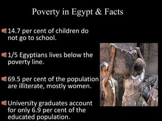 Poverty in Egypt & Facts

14.7 per cent of children do
not go to school.

1/5 Egyptians lives below the
poverty line.

69.5 per cent of the population
are illiterate, mostly women.

University graduates account
for only 6.9 per cent of the
educated population.
 