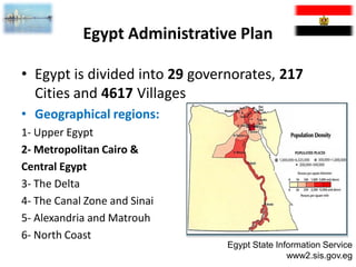 Egypt Administrative Plan

• Egypt is divided into 29 governorates, 217
  Cities and 4617 Villages
• Geographical regions:
1- Upper Egypt
2- Metropolitan Cairo &
Central Egypt
3- The Delta
4- The Canal Zone and Sinai
5- Alexandria and Matrouh
6- North Coast
                                Egypt State Information Service
                                               www2.sis.gov.eg
 
