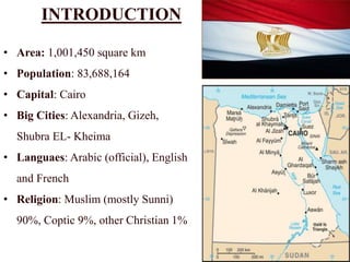 INTRODUCTION 
• Area: 1,001,450 square km 
• Population: 83,688,164 
• Capital: Cairo 
• Big Cities: Alexandria, Gizeh, 
Shubra EL- Kheima 
• Languaes: Arabic (official), English 
and French 
• Religion: Muslim (mostly Sunni) 
90%, Coptic 9%, other Christian 1% 
 