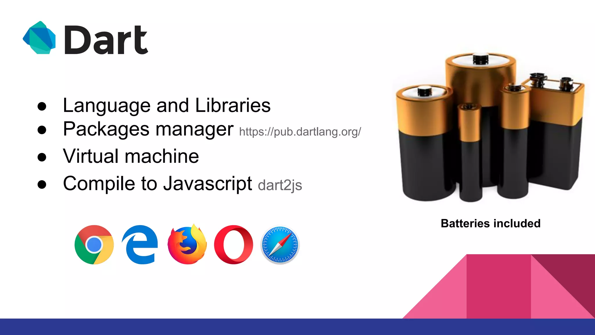 ● Language and Libraries
● Packages manager https://pub.dartlang.org/
● Virtual machine
● Compile to Javascript dart2js
Batteries included
 