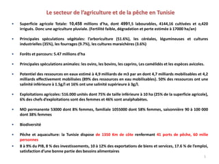 1
• Superficie agricole Totale: 10,458 millions d’ha, dont 4991,5 labourables, 4144,16 cultivées et o,420
irrigués. Donc une agriculture pluviale. (Fertilité faible, dégradation et perte estimée à 17000 ha/an)
• Principales spéculations végétales: l’arboriculture (51.6%), les céréales, légumineuses et cultures
industrielles (35%), les fourrages (9.7%), les cultures maraichères (3.6%)
• Forêts et parcours: 5.47 millions d’ha
• Principales spéculations animales: les ovins, les bovins, les caprins, Les camélidés et les espèces avicoles.
• Potentiel des ressources en eaux estimé à 4,9 milliards de m3 par an dont 4,7 milliards mobilisables et 4,2
milliards effectivement mobilisées (89% des ressources en eau mobilisables). 50% des ressources ont une
salinité inférieure à 1.5g/l et 16% ont une salinité supérieure à 3g/l.
• Exploitations agricoles: 516.000 unités dont 75% de taille inférieure à 10 ha (25% de la superficie agricole),
6% des chefs d’exploitations sont des femmes et 46% sont analphabètes.
• MO permanente 53000 dont 8% femmes, familiale 1055000 dont 58% femmes, saisonnière 90 à 100 000
dont 38% femmes
• Biodiversité
• Pêche et aquaculture: la Tunisie dispose de 1350 Km de côte renfermant 41 ports de pêche, 60 mille
personnes
• 8 à 9% du PIB, 8 % des investissements, 10 à 12% des exportations de biens et services, 17.6 % de l’emploi,
satisfaction d’une bonne partie des besoins alimentaires
Le secteur de l’agriculture et de la pêche en Tunisie
 