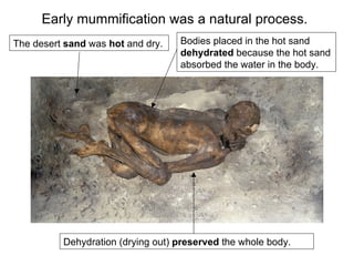 Early mummification was a natural process. The desert  sand  was  hot  and dry.  Dehydration (drying out)  preserved  the whole body. Bodies placed in the hot sand  dehydrated  because the hot sand absorbed the water in the body. 