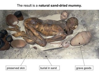 The result is a  natural sand-dried mummy. preserved skin grave goods burial in sand 