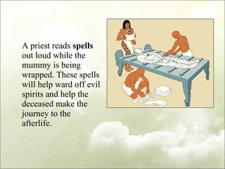 A priest reads  spells  out loud while the mummy is being wrapped. These spells will help ward off evil spirits and help the deceased make the journey to the afterlife.  