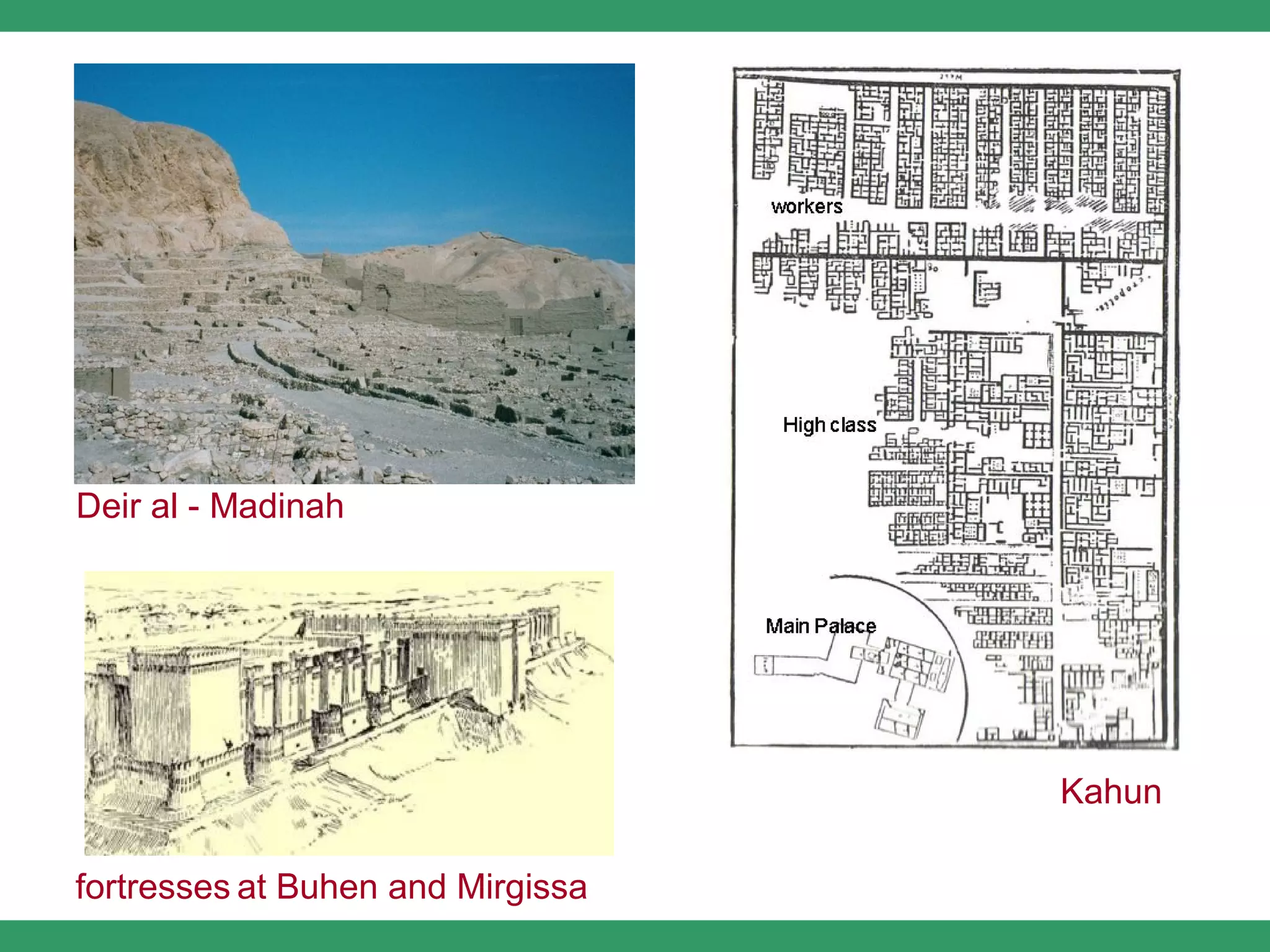 Deir al - Madinah




                                   Kahun

fortresses at Buhen and Mirgissa
 