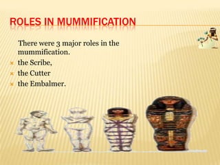 ROLES IN MUMMIFICATION
There were 3 major roles in the
mummification.
 the Scribe,
 the Cutter
 the Embalmer.
 