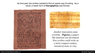 As time past, the scribes needed to find an easier way of writing. As a
result, a newer form of hieroglyphics was formed.
Another innovation came
overtime. Papyrus, a paper-
like material was developed.
Now scribes could write on
a more compact surface,
instead of stone or clay.
History of Architecture(Year 1) By Anjith Augustine
 