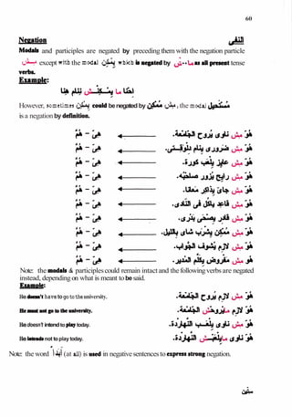 Mod& and participles are negated by precedingthem with the negation particle
U&->except witb the modd Li&^whicb bnegatedby
a
' ,aaall pmwt tense
' ^
verbs.
However, sometimes &
,c o d benegated by &&,the modd
isa negationby definition.
Note: the modab & participlescould remain intactand thefollowingverbsare negated
instead, dependingon what is meant tobe said.
-
HedoeÃ‘' havetogototheuniversity.
Heuuteotgototheooiversity.
Hedoesn't intendto playtoday.
HeiataMbnot toplay today.
Note: theword 1
4(at all) is usedin negativesentencesto expressstrongnegation.
 