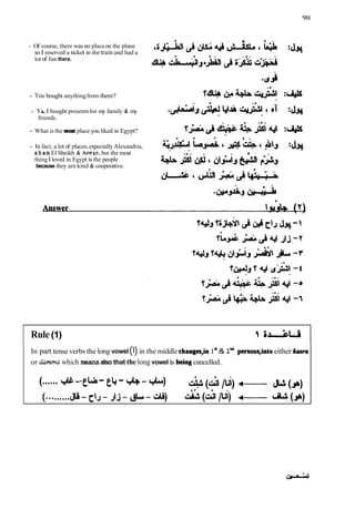 - Of course, there was no placeon the plane
so I reserved a ticket in the train and had a
lot of fun there.
- You bought anythingfrom there?
- Y
a
,I bought presentsfor my family & my
friends.
- What is the moat place you liked in Egypt?
- In fact, a lot of places,especiallyAlexandria,
sham El Sheikh & Aswan, but the most
thingI loved in Egypt is the people
because they are kind & cooperative.
Rule(1) 3 S ^ Ã ‘ f r
In part tenseverbs the long vowel (1) in the middle changei,in 1
" & 2"' persous,into either Iwsra
or danunawhich meansalso that thelong vowel is being cancelled.
(......^--*^a
- ^- ^-^L.) &(i-ul- /U)<
Ã
‘
Ã JLt (JÃˆ
(......,..&-~~-^j-^jL.-&) &(&/6) 4
-
, a(&)
 