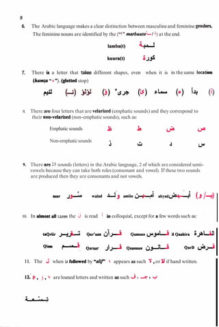 9
6. The Arabic language makes a clear distinction between masculineand feminine g e n k
The feminine nouns are identified by the ("t" ~ b u u t a ~ l
j) at the end.
7. There is a letter that takes different shapes, even when it is in the same l o c a h
(hanua"s").(glottd stop)
4 (A)$$ ( . 3 ) k J +
8. There are four letters that are velarued (emphatic sounds) and they correspond to
their non-velarized (non-emphatic sounds), such as:
Emphaticsounds
Non-emphaticsounds
9. There arc 28 sounds (letters) in the Arabic language, 2 of which are considered semi-
vowels becausethey can take both roles (consonant and vowel). Ifthese two sounds
are produced then they are consonants and not vowels.
10. In almost all camsthe d is read i in colloquial, except for a few words such as: -
-
taQ"ir J
+
& Qur9aan Qamuus ppu
il Qaahira g J h u
Qim dL,
Q- JA
Qaanuun -
u QmD &A
1
1
. The when i
s followed by "dip  appears as such y,or if hand written.
12.' P, j,v are loaned letters and written as such d c ac +
 