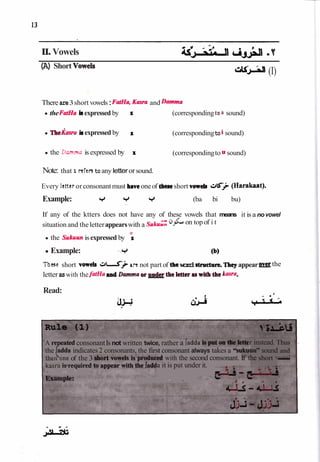 1
1
. Vowels is'&u-B <J& .Y
(A)Short Vowels
I^J-tH (I)
Thereare3short vowels:FatUq Kiwa and l-bma
theF d a hexpressed by x (correspondingtoa sound)
TheL-- - JSexpressed by x (correspondingtoi sound)
the Damma is expressed by x (correspondingto u sound)
Note: that xreferato any letterorsound.
Every letterorconsonantmust haveoneof theseshort vow& t-il~>'(~arakant).
Example: ^ Ãˆ + (ba bi bu)
.-
If any of the ktters does not have any of these vowels that means it is a novowel
situation and theletterappearswith a --Â£>J
on top of i t
0
the Sukuunisexpressed by x
Example: 4
These short vow& dukare not part of thew
o
r
d structureTheyappear the
letteraswith the. and D~maorudertbektteraswiththe~
Read:
A repeated consonantIs not written twice, rather a Jadda r instead. Thus
the Jadda indicates 2 consonants, the first consonant always takes a "sukuun" sound and
thenone of the 3 with the second consonant. If the short vn-1
kasra is*required a it is put under it.
. ", >
$ -?
E~arnpIe:-~,~~ l-C,, .
'
 