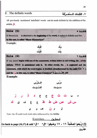 -
2 . The definite words ii*i-~Ll~
Ã‡^ .Y
All previously mentioned indefinite' words can be made definite by theaddition of the .
article &
K
U
J
i
e 13) 6 ftJL^u
If thearticle isattachedtothe beginnimgof the ww& itmakes it definiteand the ',
-
- .
inthiscue,bcalled'^iUJUirniIOamariyYam
Example: I
If the word b~withoneoftheco0901@writtenbelowinred~the ofthe
lUWte Wick isauimitetedwithit. bothermÂ¥nk,theJisReflectedÃ§dt
Note: the iflcould work both sides influenced by the fuSHa
Exercises -
& L d
 
