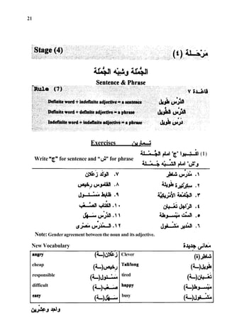 Exercises (*uiL>Ã‘
4 L f l +
I ncn
I*& ( I )
Write "c"for sentence and "&"for phrase Ã
r^,
<,h-Ja &
,
 n&^
4~0.g
e A SJ^*+ .T
* 9 <AJ-^l Â¥Lut^J.r
'-+,&.I. ~*--~JÃˆJ
.t
& & .  I .o
Ã
& & * J L J . I Y &Laid.7
Note: Genderagreement between the noun and its adjective.
New Vocabulary $*A(, d
l
*
.
.
angry (L)&
cheap
(<-)~w.J
responsible
(4-)J^Ãˆ
difficult
(*-)+
easy
(*-)J*Ã
Clever
Tallllong
tired
happy
busy
 