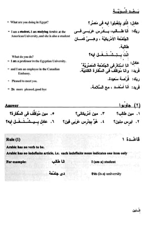 - What are you doing in Egypt?
- I am a *dent, I am ahdyingArabica
t the ~3 L^J& 'VsÃ‘I 13
AmericanUniversity,and she isalso a student
' &Â¥^ 4*~t&1
What do you do?
f .
- I am a professorin the Egyptian University.
v ^ ~ s i
is~^s
dJU^I h
i
0
- and Iam an employee in the Canadian
Embassy.
f
- Pleased to meet you.
.iJJLu G
J
i
- I
'
m more pleased,good bye
.irffiCuit p ' L L l ul
this (isa) university
 