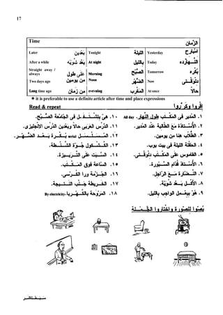 Time
Straight away 1
always la ^fC 1Morning
Later &&
?
After a while 4& &
Two days ago L ) * ~ * ! L ~ N ~
Tonight
Atnight
~ o n g
time ago (_l~4J 1evevning
Yesterday ~Jifl
- -
Today bAJi*-a
Tomorrow bJS(
Now
At once
*it is preferable to use a definitearticle after time and place expressions
 