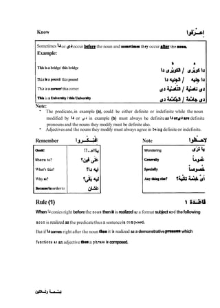 Know
Sometimes or &A occur hforq the noun and sometima they occur the nmm.
Example:
Thisisa bridge/ this bridge
Thislia pound1thispound
Thb isa cornedthiscorner
1T U ~
is a universityI t ~ i
univerttt; i)~w/ifc
Note:
- The predicate,in example (a), could be either definite or indefinite while the noun
modified by h or j-l in example (b) must always be definiteas b o r ~ J a r e
definite
pronounsand the nouns they modify must be definitealso.
- Adjectives and the nouns they modify must always agree in beingdefiniteor indefinite.
o a
Remember
Oooh!
Where to?
What's this?
Why so?
Becauselinorderto
Note 
.
^
-
d
Wondering tf'Ji 4
4
Rule(1) 1 Sbu
When bconies right beforethe noaa then &isrealized ua format subject Ã§nthefollowing
noanis realized asthe predicatethus a sentenceis compoÃ§ed
But if Idcomes right after the noun it isrealized as a demonstrativepromotanwhich
faactionsÃ§an adjective thai a phnueiscomposed.
 