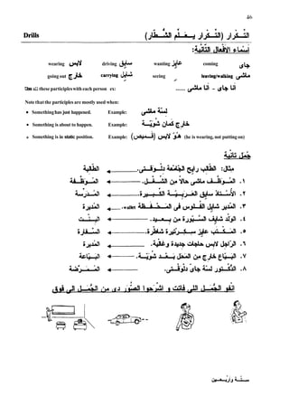 wearing MY driving (UA-
^
going out GJA carrying J
^
Â¥-
Use all these participleswith each person ex:
Note thatthe participles are mostly used when:
Somethinghas just happened. Example:
Something is about to happen. Example:
wanting J^C. coming
/ ^4
seeing
/
a Something is in static position. Example: (d)
3 (he is wearing, not putting on)
 