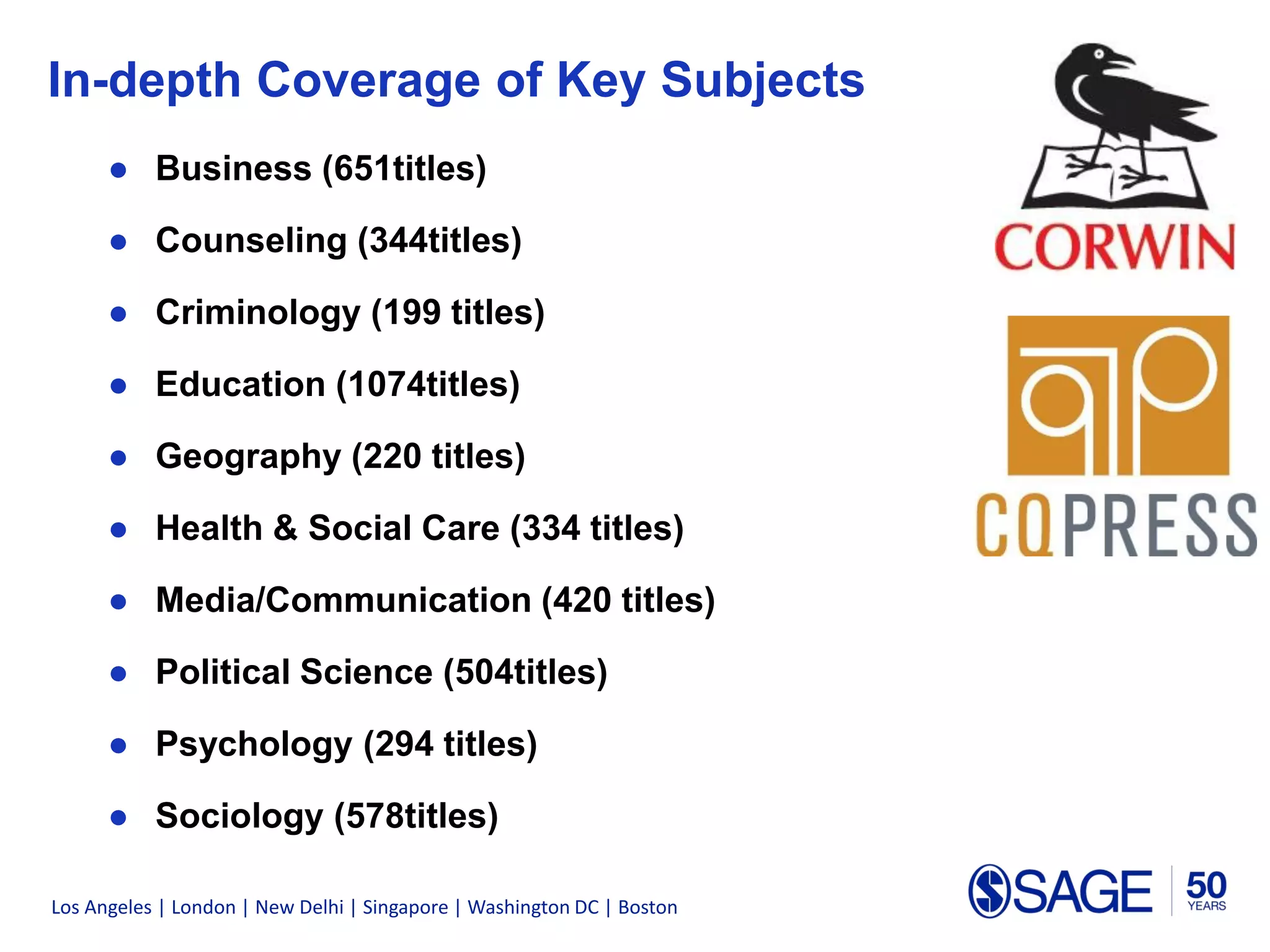 Los Angeles | London | New Delhi | Singapore | Washington DC | Boston
In-depth Coverage of Key Subjects
● Business (651titles)
● Counseling (344titles)
● Criminology (199 titles)
● Education (1074titles)
● Geography (220 titles)
● Health & Social Care (334 titles)
● Media/Communication (420 titles)
● Political Science (504titles)
● Psychology (294 titles)
● Sociology (578titles)
 