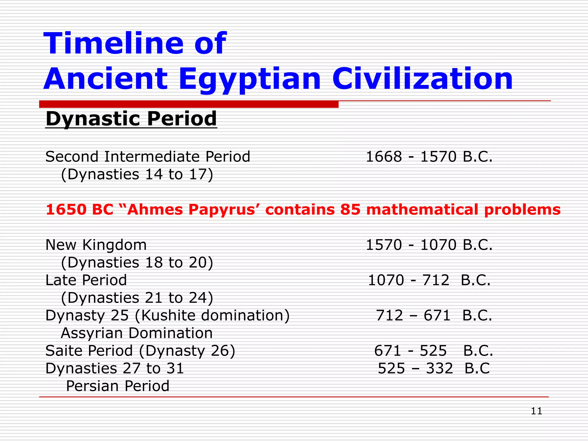 8Egyptian CalendarAs early as 4241 B.C, the Egyptians had created a calendar made up of twelve months of 30 days, plus five extra days at the end of the year.The Egyptian Calendar, dated 4241 B.C, is based on the solar year and daily revolution of the earth around the sun.Evidently, to reach this feat in calculating the days the earth takes to move round the sun in one year, Egyptian by then must have possessed knowledge of astronomy and mathematics