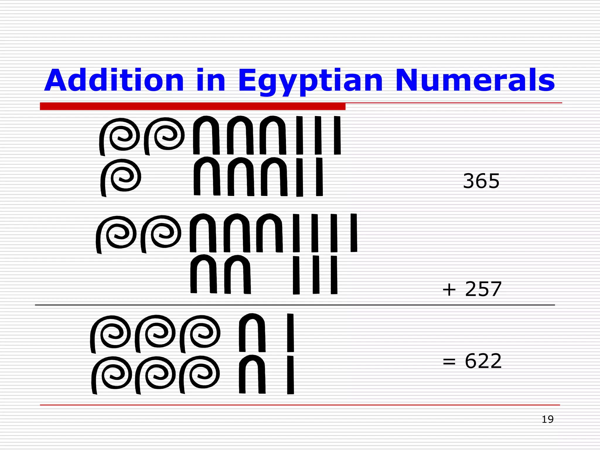 16Egyptian NumbersThe knob of King Narmer, 3000BCThe numerals occupy the center of the lower register. Four tadpoles below the ox, each meaning 100,000 record 400,000 oxen. The sky-lifting-god behind the goat was the hieroglyph for “one million”; together with the four tadpoles and the two “10,000” fingers below the goat, and the double “1,000” lotus-stalk below the god, this makes 1,422,000 goats.To the right of these animal quantities, one tadpole and two fingers below the captive with his arms tied behind his back count 120,000 prisoners.These quantities makes Narmer’s mace the earliest surviving document with numbers from Egypt, and the earliest surviving document with such large numbers from anywhere on the planet.