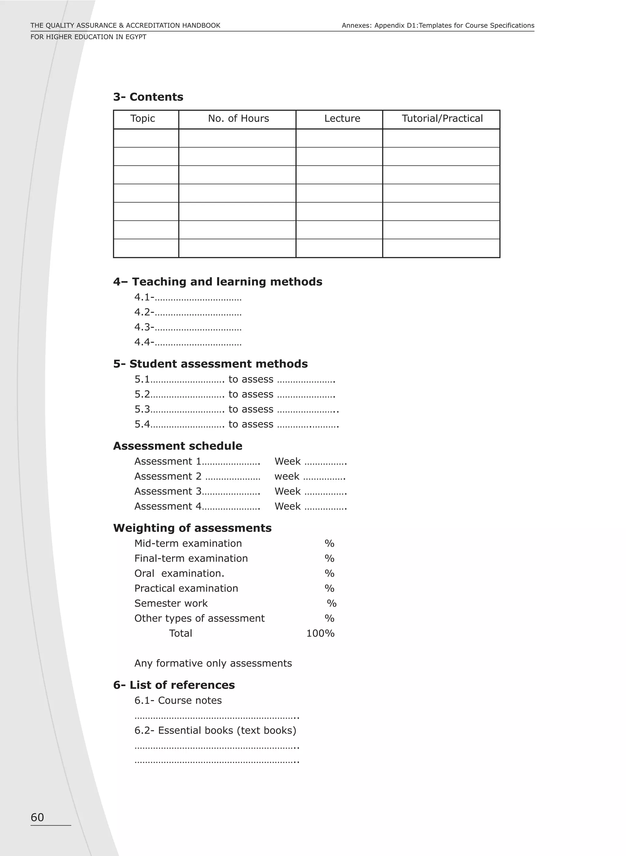 60
Annexes: Appendix D1:Templates for Course SpecificationsTHE QUALITY ASSURANCE & ACCREDITATION HANDBOOK
FOR HIGHER EDUCATION IN EGYPT
3- Contents
Topic No. of Hours Lecture Tutorial/Practical
4– Teaching and learning methods
4.1-……………………………
4.2-……………………………
4.3-……………………………
4.4-……………………………
5- Student assessment methods
5.1………………………. to assess ………………….
5.2………………………. to assess ………………….
5.3………………………. to assess …………………..
5.4………………………. to assess ………….……….
Assessment schedule
Assessment 1…………………. Week …………….
Assessment 2 ………………… week …………….
Assessment 3…………………. Week …………….
Assessment 4…………………. Week …………….
Weighting of assessments
Mid-term examination %
Final-term examination %
Oral examination. %
Practical examination %
Semester work %
Other types of assessment %
Total 100%
Any formative only assessments
6- List of references
6.1- Course notes
……………………………………………………..
6.2- Essential books (text books)
……………………………………………………..
……………………………………………………..
 