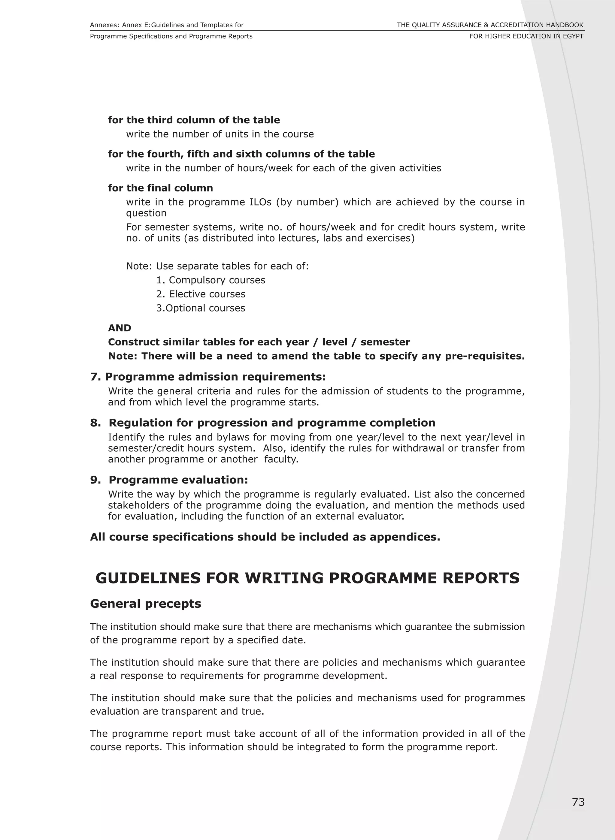 73
THE QUALITY ASSURANCE & ACCREDITATION HANDBOOK
FOR HIGHER EDUCATION IN EGYPT
Annexes: Annex E:Guidelines and Templates for
Programme Specifications and Programme Reports
for the third column of the table
write the number of units in the course
for the fourth, fifth and sixth columns of the table
write in the number of hours/week for each of the given activities
for the final column
write in the programme ILOs (by number) which are achieved by the course in
question
For semester systems, write no. of hours/week and for credit hours system, write
no. of units (as distributed into lectures, labs and exercises)
Note: Use separate tables for each of:
1. Compulsory courses
2. Elective courses
3.Optional courses
AND
Construct similar tables for each year / level / semester
Note: There will be a need to amend the table to specify any pre-requisites.
7. Programme admission requirements:
Write the general criteria and rules for the admission of students to the programme,
and from which level the programme starts.
8. Regulation for progression and programme completion
Identify the rules and bylaws for moving from one year/level to the next year/level in
semester/credit hours system. Also, identify the rules for withdrawal or transfer from
another programme or another faculty.
9. Programme evaluation:
Write the way by which the programme is regularly evaluated. List also the concerned
stakeholders of the programme doing the evaluation, and mention the methods used
for evaluation, including the function of an external evaluator.
All course specifications should be included as appendices.
GUIDELINES FOR WRITING PROGRAMME REPORTS
General precepts
The institution should make sure that there are mechanisms which guarantee the submission
of the programme report by a specified date.
The institution should make sure that there are policies and mechanisms which guarantee
a real response to requirements for programme development.
The institution should make sure that the policies and mechanisms used for programmes
evaluation are transparent and true.
The programme report must take account of all of the information provided in all of the
course reports. This information should be integrated to form the programme report.
 